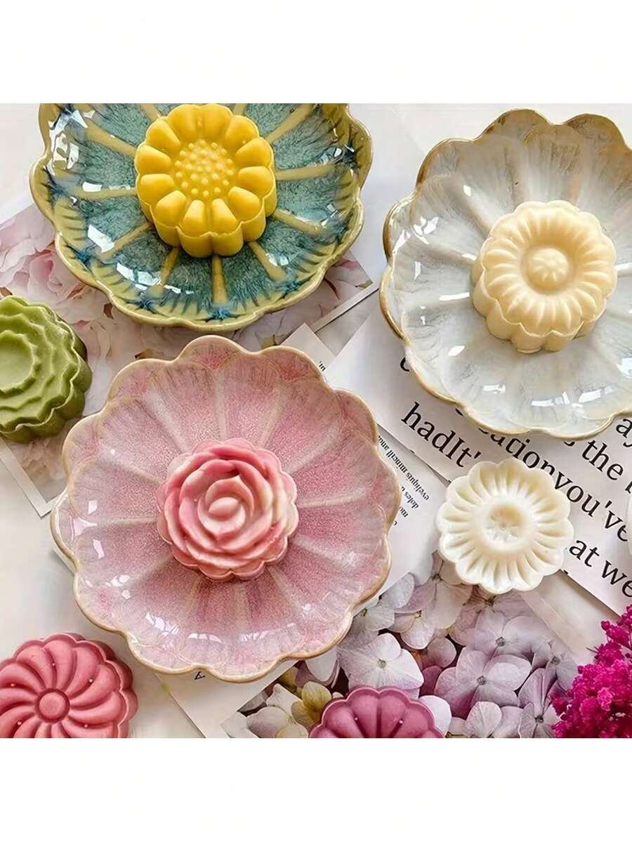 6pcs Chrysanthemum & Rose Mooncake Mold Set, Hand-Pressed Non-Stick, Mung Bean Ice Cream, Cartoon Shape, Baking Cake Mold, Kitchen Tool