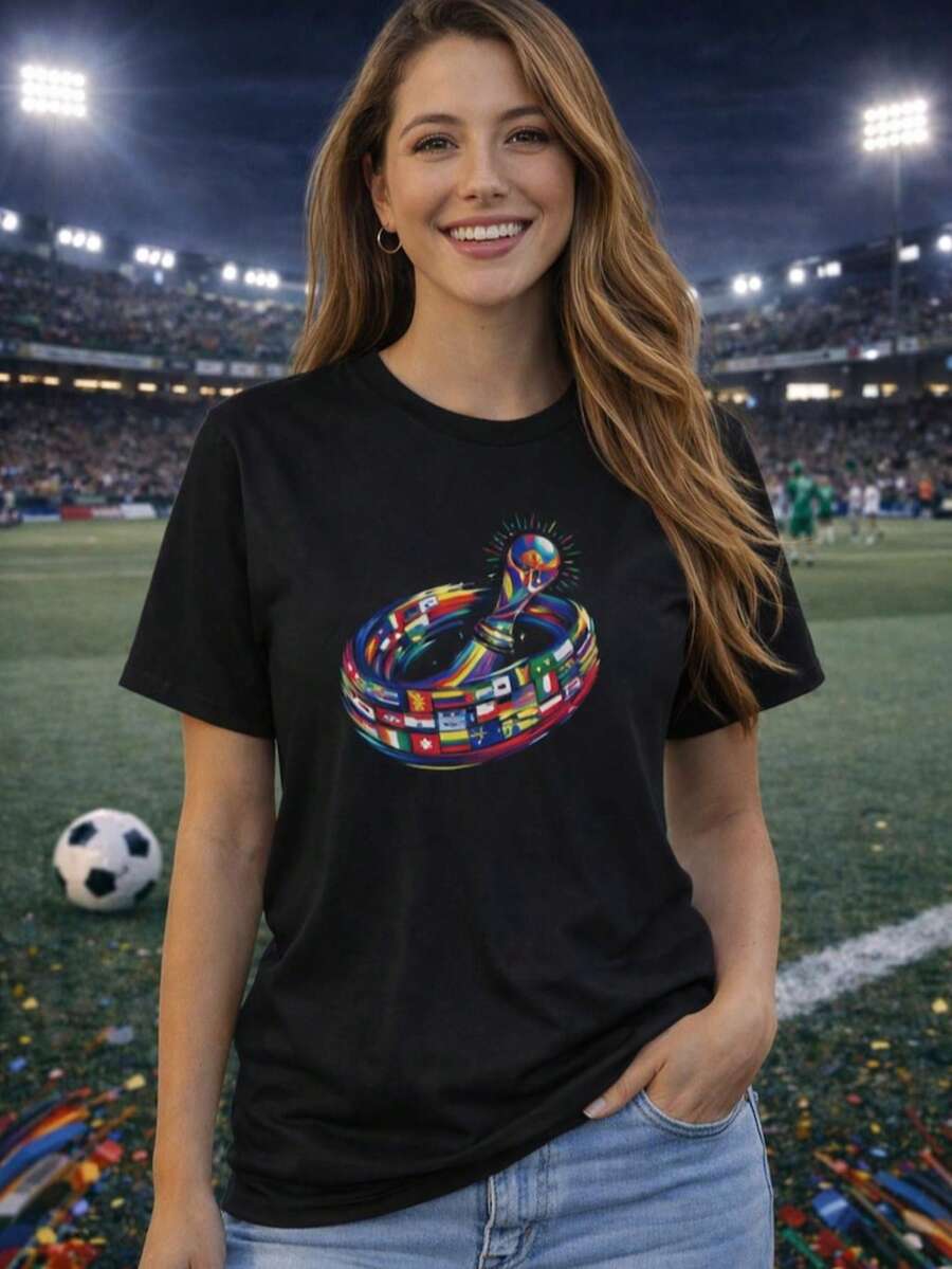 Colorful Flag T-Shirt, International Flags Design Tee, Artistic Soccer Graphic Shirt - Black - View 1