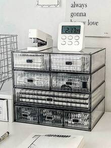 1pc Striped Transparent Stackable Storage Box, Minimalist Desktop Compartment Drawer Organizer - Clear - View 5