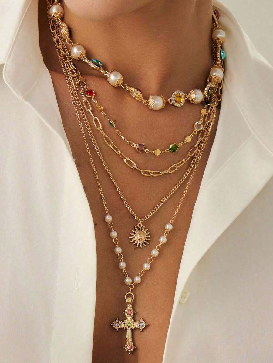 3pcs/Set Vintage Metal Cross Pendant Y-Necklace, Bohemian Style Colorful Crystal Bead Necklace Set, Suitable For Women's Daily And Holiday Wear, Gift For Friends - Yellow Gold - View 1