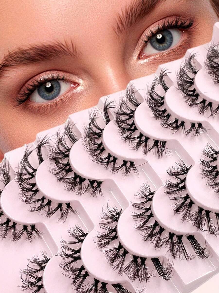 ENCHUW 8对假睫毛，蓬松柔软，纤长自然，透明梗，可重复使用，度假妆容必备 - 黑色 - 查看 1