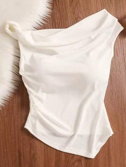 女士白色单肩褶皱背心，Y2K不对称无袖露脐上衣，适合夏季休闲派对、工作场合，也可作为女士社交衬衫、度假装扮、休闲衬衫或优雅衬衫穿着，是夏季派对上衣的理想之选。