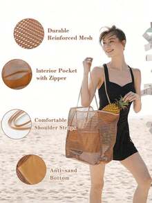 1pc Mesh Tote Bag, Cosmetic Bag, Casual Handbag, Foldable Women's Shoulder Bag For Picnic, Waterproof, Foldable, Essential Bag, Multifunctional Shoulder Shopping Tote, Mesh Hollow Bag, Mesh Bag, Bathroom Storage Bag, Multifunctional Toiletry Bag, Bathroom Bag And Shoulder Tote, Lightweight, Large Capacity, Portable Mesh Beach Bag, Suitable For Family Travel, Vacation, Beach, Camping And Hiking, Summer Holiday Bag ,Makeup Bag - 粉色 - 查看 3