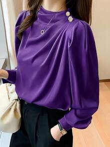 Women's Casual Lightweight Commuter Shirt With Mandarin Collar, Pleated Design, Princess Sleeve, Long Sleeve, Suitable For Spring And Autumn - Purple - View 6