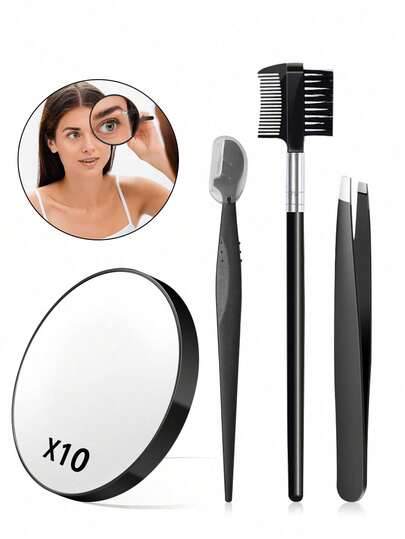 10倍放大镜修眉工具套装，包含眉毛修剪器、镊子和眉刷。小巧便携的化妆镜，可用于修眉、化妆，适合放在房间、浴室、橱柜或化妆包中。送给伴侣的绝佳礼物（黑色）