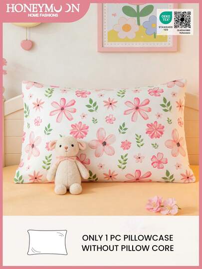 Honeymoon 1pc Children's Printed Pillowcase-Polyester Brushed Fabric Kawaii Pink Flower Pattern Pillow Cover, Soft And Breathable, Wrinkle Resistant, No Filler-For Children's Room And Parent-Child Room, Oeko-Tex Certified
