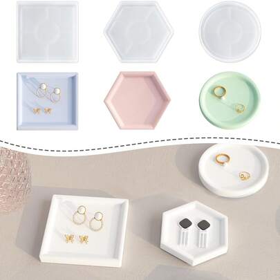 1 pieza Molde de silicona para joyería de resina epoxi, molde para posavasos, en formas redonda, cuadrada y hexagonal, molde de silicona para jabonera artesanal, caja de joyería pequeña artística, molde de yeso y silicona para principiantes con bordes