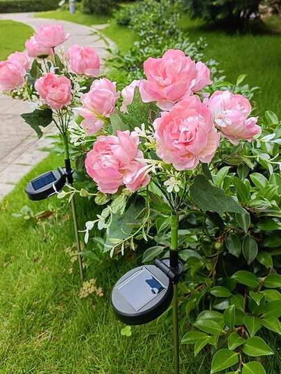 1个/2个太阳能七头牡丹仿真花灯 - 太阳能木杆灯，适用于花园派对、求婚、情人节户外装饰、圣诞节装饰、庭院花园、道路、万圣节、生日、婚礼派对装饰灯，LED花园庭院氛围装饰草坪灯，户外防水灯，特殊场合送给妈妈和女朋友的礼物