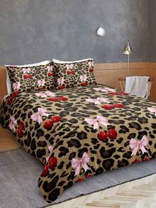 3pcs Leopard Print Cherry Blossom Duvet Cover Set (1 Duvet Cover + 2 Pillow Shams, Without Comforter And Pillows), Bow Print Bedding Set, Girly Bow Print Bedding, Soft & Skin-Friendly - Multicolor - View 6