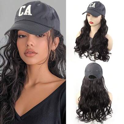 1pc Women's Long Curly Wig Integrated Baseball Cap, Natural Wavy Synthetic Hair Hat, Summer
