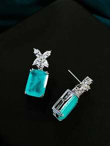 Luxury Super Shiny Butterfly Paraiba Four-Claw Rectangular Green Earrings, Hypoallergenic Earrings For Women, Suitable For Daily Wear And Commute, Jewelry Gift - White - View 6