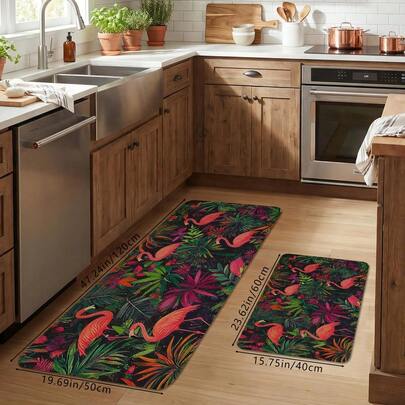 1 Stück Frühlings-/Sommer-Vibrant Tropical Plant & Flamingo Muster Schwamm Küchenmatte, weich rutschfest saugfähig waschbar Fußmatte, festliche dekorative Teppichfläche für Wohnzimmer, Schlafzimmer, Küche, Eingang, Badezimmer