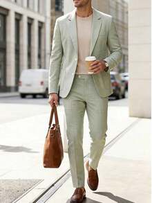 男士两件套西装，绿色西装外套和西裤，英伦风休闲商务通勤婚礼派对正式场合穿着，春夏款 - 綠色 - 查看 2