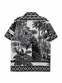 Áo sơ mi in họa tiết, phong cách cổ điển, đen trắng, họa tiết hươu cao cổ và rừng rậm, áo đi nghỉ mát, thời trang tối giản, trưởng thành và thanh lịch, thiết kế nghệ thuật, trang phục thường ngày, áo mặc khi đi chơi và nghỉ lễ, tay ngắn, trang phục Hawaii. - Đen và trắng - Xem 2