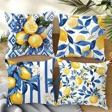 4 pièces Set de simples housses de coussin rayées bleues et citrons pour usage quotidien, en matériau velours pêche imprimé sur un seul côté, tailles 45*45/50*50/40*40CM. Convient pour la décoration minimaliste moderne de salon, cadeau, décoration de fête. - Multicolore - Voir 10