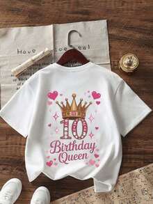青少年女孩 - "10歲生日女王" 圖案T恤，適合活動和日常穿著 - 生日慶祝的理想禮物 - 白色 - 查看 6