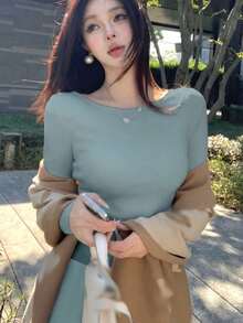 Y6Y 2025新款法式浪漫针织上衣长裙两件套，舒适优雅，适合早春和秋季穿着。 - 霧霾藍 - 查看 5