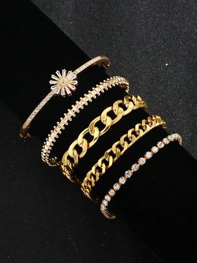 Bộ 5 vòng tay nữ mạ vàng, kiểu mắt xích và dây xích tennis, có thể xếp chồng lên nhau.