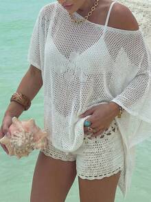 Live To Mo 女士夏季海滩度假宽松纯色镂空比基尼针织连帽衫休闲白色上衣 - 白色 - 查看 3