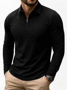 Premium Long-Sleeved Polo Shirt With Zipper. - 黑色 - 查看 5