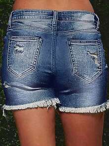 Women's Fashionable Distressed Frayed Hem Elastic Denim Shorts, Summer Casual Vacation - Dark Blue - 查看 3
