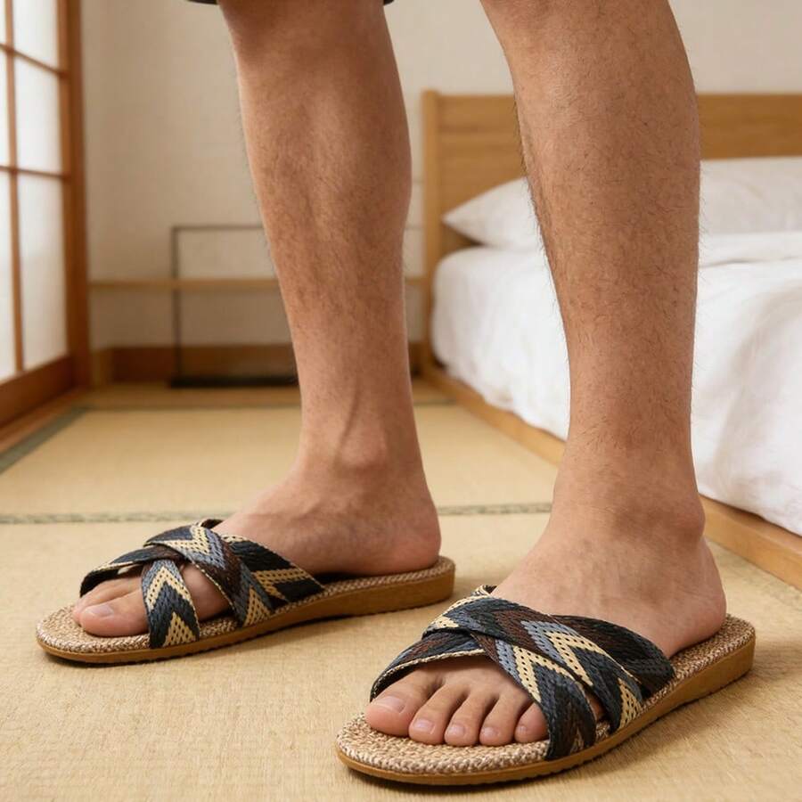 Men's Summer Linen Slippers, Indoor Lightweight Non-Slip Comfortable Bedroom Sandals - Black - View 1