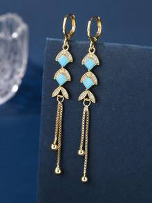 1 Pair Elegant Copper Plated Gold Fish Tail Square Blue Stone Tassel Earrings, Suitable For Women's Daily Wear - Yellow Gold - View 6