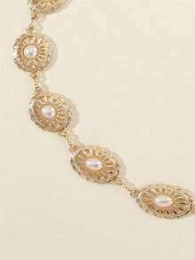 1pc Fashionable Versatile High-End Pearl Waist Chain, Vintage Hollow Design Belt, Suitable For Various Occasions Wear, Beach, Party, Daily, Perfect Holiday Gift - Gold - View 3