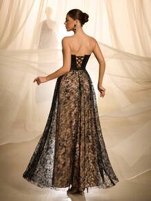 VIPGIRL Đầm dài không tay lệch vai thanh lịch dành cho nữ, đầm dạ hội sang trọng với chi tiết bèo nhún tinh tế, chất liệu vải dệt kim, trang phục dạ hội trang nhã. - màu đen - Xem 3