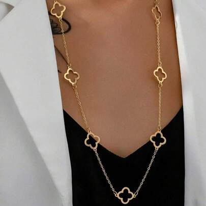 1 pieza Collar con colgante de flor de cuatro hojas hueca minimalista y versátil de color dorado metálico, adecuado para uso diario