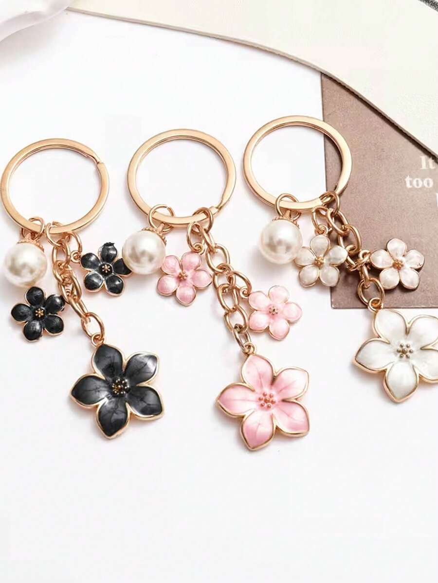 1 chiếc móc khóa hợp kim thời trang hình hoa giọt dầu và ngọc trai, với 3 bông hoa anh đào và mặt dây chuyền ngọc trai giả, phụ kiện trang trí túi xách hình hoa anh đào và hoa mai dễ thương, phụ kiện móc khóa tự làm dễ dàng.