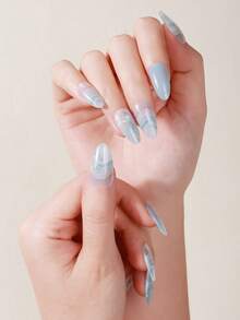 16Pcs Spring/Summer Blue Silver Glitter Waves Semi-Cured Gel Nail Strip,Fresh Luxurious Style Nail Stickers, Self-Adhesive Easy To Apply,Suitable For Women And Girls Home DIY Manicure - Baby Blue - View 2