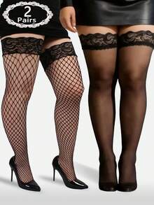2 Pairs Black Thigh High Stockings, Lace Breathable Slimming Mid-Calf Socks, Sexy Fishnet Thigh High Socks - Black - View 6