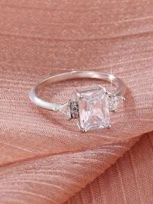 1PC Classic Luxury Sparkling Square Zirconia Inlaid Ring - Women's Fashion Wedding Engagement Ring - Anniversary Gift For Her - Silver - View 3