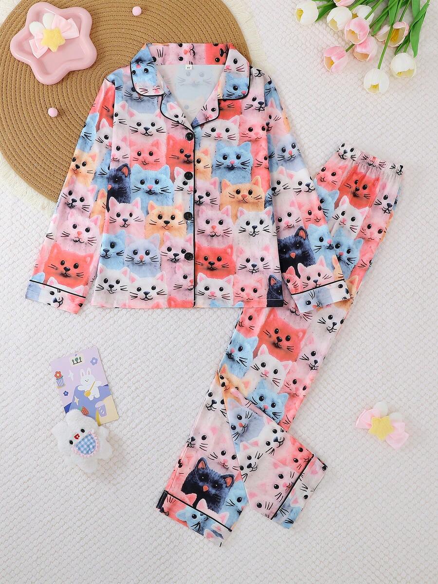 Set de 2 piezas de pijama informal para niñas con estampado de gato en el cuello y manga larga, y pantalones. Resistente a las llamas, para todas las estaciones - Multicolor - Ver 1