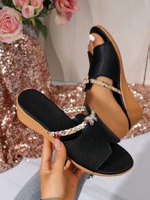 New Summer Fashion Versatile Women's Wedge Heel Sandals, Suitable For Home And Outdoor Wear, Anti-Slip Cowhide Sole, Thick-Soled Fashion Slippers,Mothers Day,Shoes. - Black - View 5