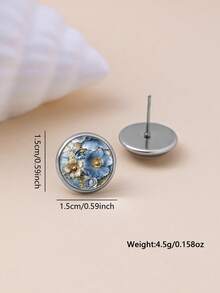 一对复古简约风格蓝色花卉图案316不锈钢圆形耳钉，优雅的珠宝配饰，适合女性日常佩戴和作为礼物。 - 淺藍色 - 查看 3