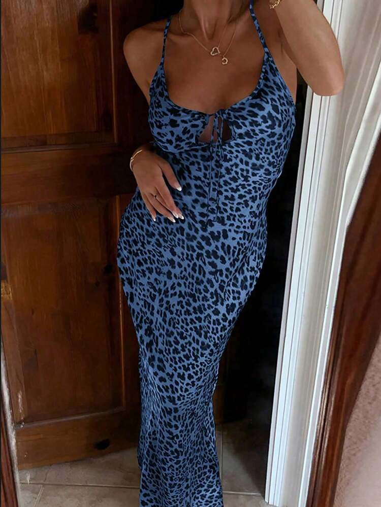 Leopard Print Hollow Lace-Up Bodycon Slip Dress Elegant Party Summer - Multicolor - View 1