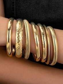 7 Pulseiras de Ferro Douradas, Pulseiras Femininas, Conjuntos de Joias Empilhadas Femininas - Dourado - Visão 5