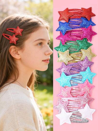 10个/套 女孩闪亮星星发夹 - 彩色闪亮星星按扣发夹，适合小女孩生日派对日常佩戴