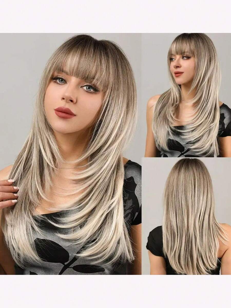 Ombre Platinum Butterfly Long Hair Synthetic Fringe Wig For Women White-Gold Layered Long Straight Hair Wig Daily Party Cosplay Wig School Homecoming Season