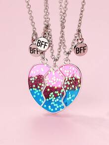 3 pièces Colliers pendentifs magnétiques en alliage de zinc scintillant en forme de cœur, mignons et à la mode pour filles BFF. Convient comme cadeau d'anniversaire pour la meilleure amie - Multicolore - Voir 2