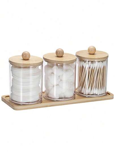 A Three Pieces Cotton Swab Holder Set With A Tray, Designed For Organizing And Storing Bathroom Supplies. These Clear Plastic Containers Come With Wooden Lids And Are Perfect For Storing Cotton Swabs, Cleaning Swabs, And Dental Floss. Bathroom Accessories, Bathroom Storage, Back-To-School Storage.