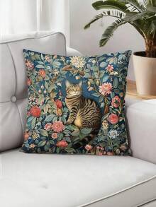 Bộ 1/2/4 vỏ gối nhung họa tiết mèo và thực vật - Vỏ gối trang trí có khóa kéo họa tiết hoa hiện đại, một mặt, thích hợp cho ghế sofa/giường (Có thể giặt máy, phù hợp cho phòng khách, văn phòng) - Màu xanh lam - Xem 4