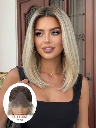 渐变金色短直发假发，棕色和金色渐变色，13*4蕾丝前额中分假发，适合女性日常佩戴和特殊场合。