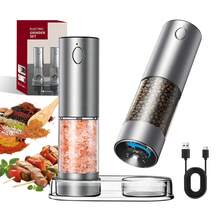 2-Piece Electric Salt Pepper Grinder Set, USB Charging, LED Light One Hand Automatic Operation, Adjustable Thickness Grinding Vibrating Screen,Stainless Steel Housing, Kitchen Gadget Gift Ideas - Silver - View 10