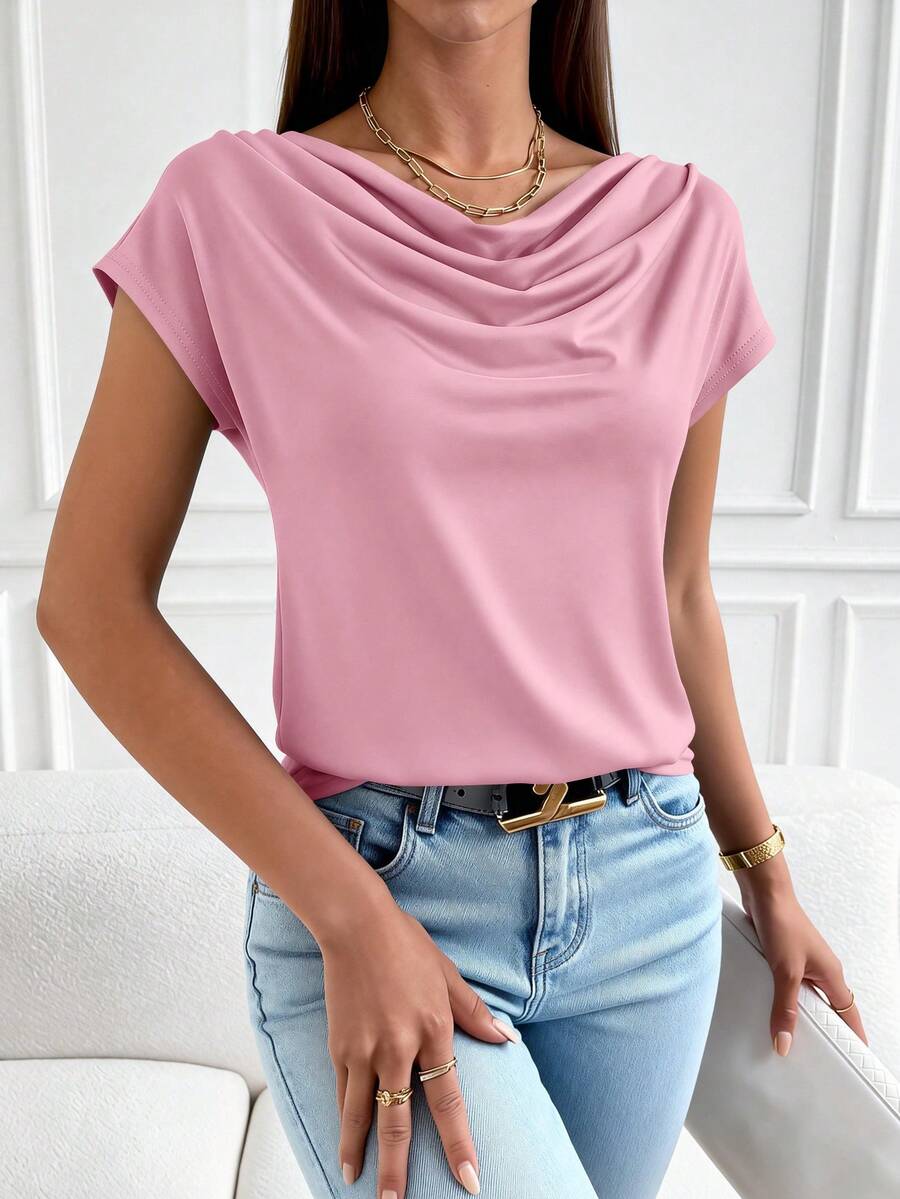 PRETTYGARDEN Women's Summer Clothes Tops Dressy Casual Clothing Cowl Neck Short Sleeve Blouses Business Work Office Shirts  Tops For Women - 粉色 - 查看 1