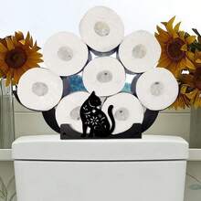 Charming Cat-Themed Toilet Paper Holder - Decorative Black Metal With Floral Accents, Wall-Mounted Or Freestanding For Bathroom, Holds 8 Rolls - A - View 8