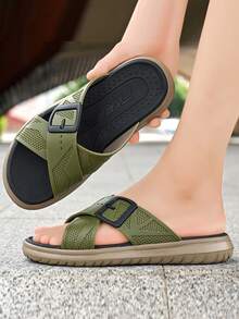 男士休闲交叉PVC带平底拖鞋，EVA夏季凉鞋 - 軍綠色 - 查看 7