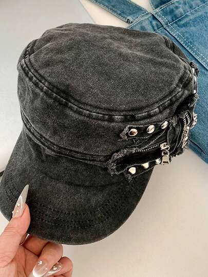 复古铆钉水洗平顶帽，小众美式做旧贝雷帽，宽松版型，更显身材